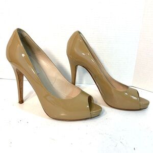L.K. BENNETT Beige Patent Leather Idina Peep Toe Stiletto Heels